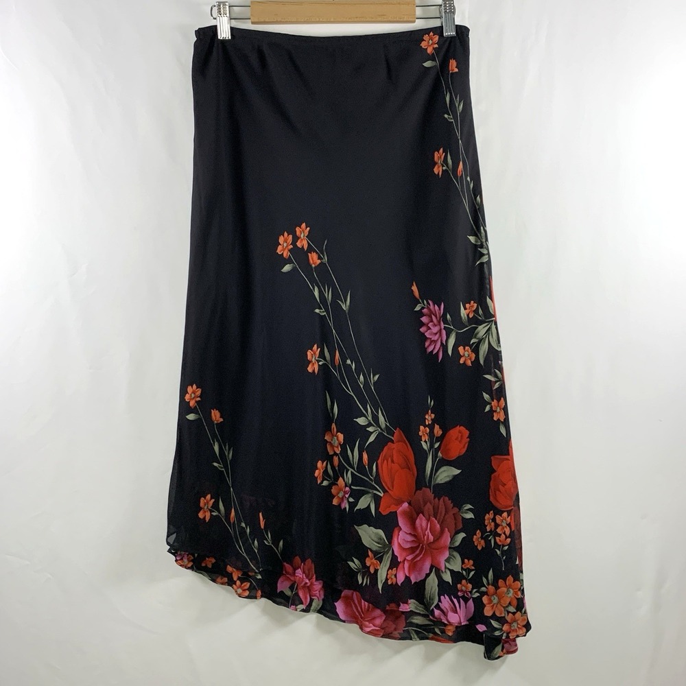 Dark Floral Asymmetrical Tiered Ruffle Hem Midi Skirt Sz 10 Y2K Fairy Romantic